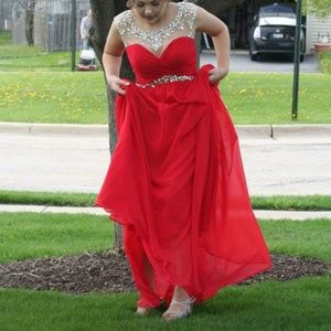 Red Illusion Neck Low Back Prom Dress